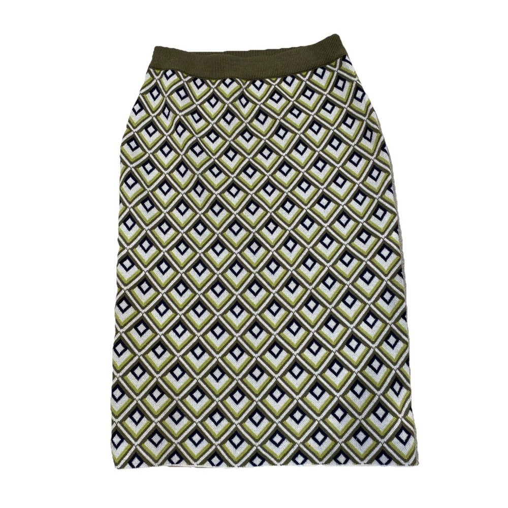 Motif Pencil skirt large olive green diamond print stretch office core preppy